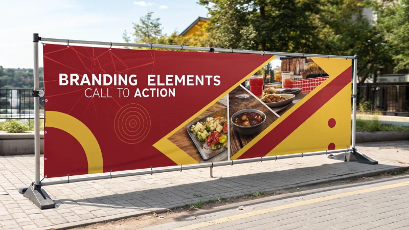 A vibrant advertising banner featuring bold red and yellow colors with high-resolution product images and clear typography.