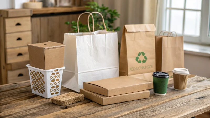 Arrangement of cost-effective packaging materials on a wooden table